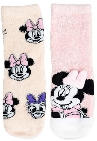 Disney Minnie Mouse 3D ABS Cuddly Socks for Girls - Fluffy Children's Winter Socks Stopper Socks Non-Slip Socks Pink/Beige (Pack of 2), pink / beige, 23-26