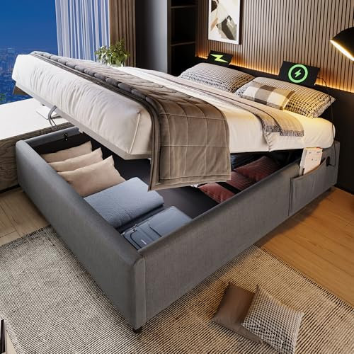 Polsterbett 160×200 cm, Boxspringbett mit Bettkasten, Hydraulisch Doppelbett mit Stauraum und Vollflächiger Lattenrost, Ohne Kopfteil, Bettgestell mit USB-C Ladestation, Baumwolle (Grau, 160×200 cm)