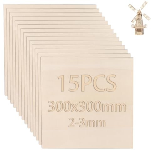 WOPPLXY 15 Stück Bastelholz Platten, 300 x 300 mm Balsaholz 2mm-3mm, Bastel Holzplatte aus Pappelholz für Basteln, DIY Modell, Gemälde Kunst, Laserprojekte