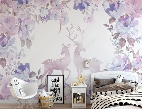 Élan À Fleurs Violettes Papier Peint 3D Intissé Bureau Salon Canapé Chambre Fond Décoration Murale-430cm×300cm