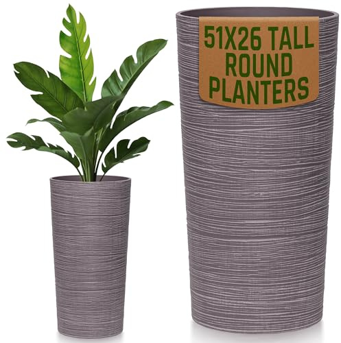 MoorGreen Blackrock Tall Round Planter – Large Textured Sandstone Plant Pot for Indoor & Outdoor Use – Weather, Frost & UV Resistant – 21L Capacity, 26x26x51cm – Patio, Garden & Home Décor