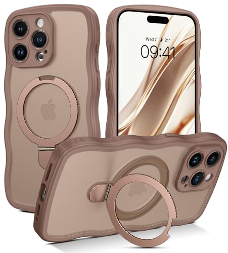 GUAGUA Magnetic for iPhone 15 Pro Max Case with Stand, Desert Titanium | Cute Curly Wavy Frosted Cover, Compatible with MagSafe, Military Grade Protection, Slim Anti-Scratch Anti-Fingerprint Cover