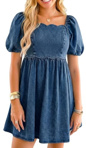 POLIRO Denim Dress Babydoll Jean Square Neck Puff Sleeve Casual Country Concert Dresses with Pockets for Women 2026 Western Y2K Sweetheart Neckline Medium Blue Size Large Size 12 14