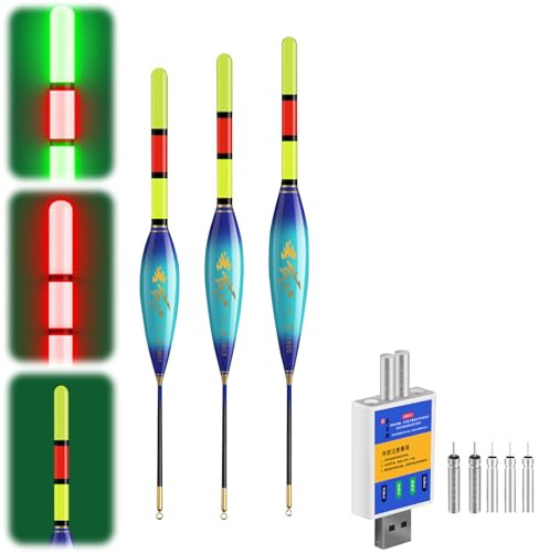 ACAREY LED Posen Angeln Set mit Bissanzeiger, Doppelfarbige Nachtfischboje | Leuchtposen Angel 4g/5g/6g/7g/8g/9g Tragkraft, Inkl. Batterien Ladegerät, Angelzubehör Für Fluss und See
