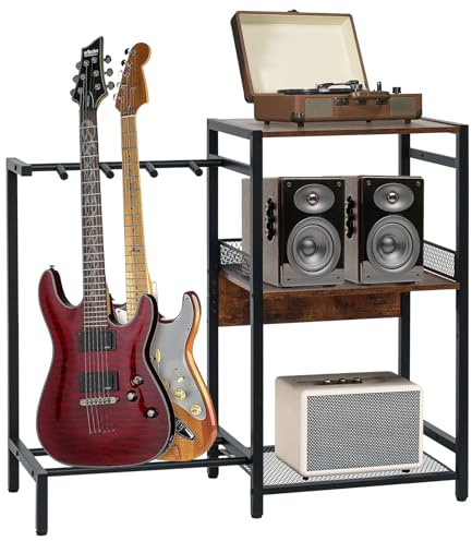 Awhtixbo Support de guitare, support multi-guitares jusqu'à 3, lecteur de disque vinyle 3 niveaux, acoustique, basse, ukulélé, ampli, platine