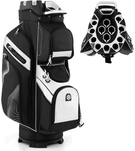 COSTWAY Sac de Golf avec 14 Compartiments, Sac de Club de Golf Portable avec Fermeture à Glissière 11 Poches Sac Isotherme Sangle Rembourrée Poignées Porte-Parapluie Housse de Pluie (Noir+Blanc)