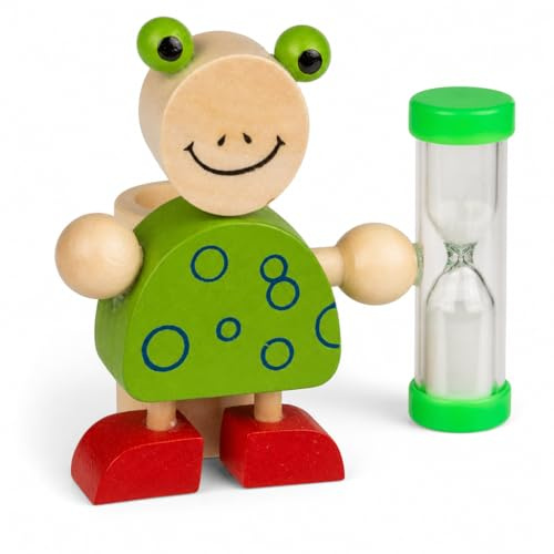 MIJOMA Zahnbürstenhalter aus Holz mit Sanduhr – lustige Tierfiguren, ca. 8x8,5 cm – spielerisches Zähneputzen, 3 Minuten Timer, pädagogisch & dekorativ (Frosch Grün)
