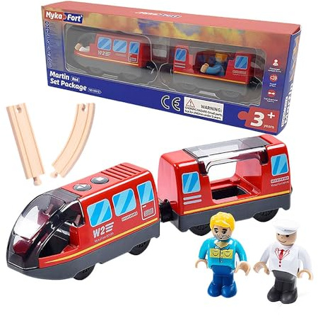 PLLYPE Elektrische Eisenbahn holzschienen, Holzeisenbahn elektrische lok, Batteriebetriebener Lokomotivzug, kompatibel mit Thomas, Brio, Spielzeugauto für Junge Mädchen, Rot