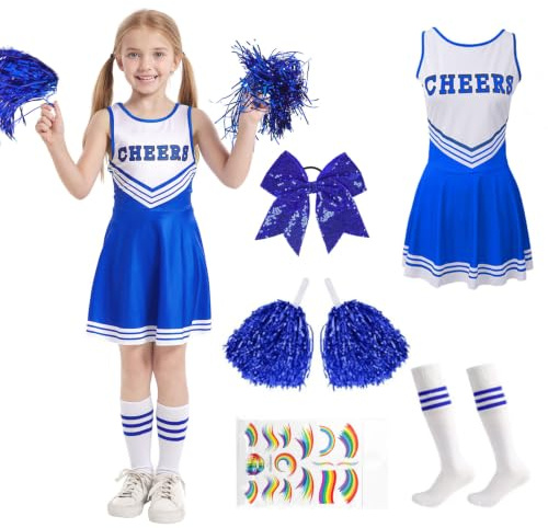 Cheerleader Kostüm Kinder, Kostüm Cheerleader Mädchen, Faschingskostüm Cheerleading Outfit Kinder mit Socken & Pompoms & Bogen & Tattoos für Fasching, Karneval, Halloween(110-150cm)