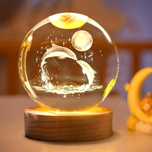 3D Kristallkugel Nachtlicht, Glaskugel Lampe Katzen Engel Kleiner Bär, Kristallkugel Licht mit LED Holzsockel, Glaskugel Nachtlampe USB Aufladung für Souvenirs Geburtstags Geschenk Innen Deko (A)