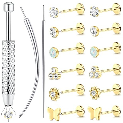 Chriscoco 6 Paires 16G/18G/20G Piercing Tragus Acier Chirurgical Piercing Labret Levre Piercings Oreille Nez Or Argent Percings Helix Medusa Conch pour Femme