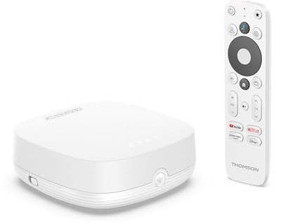THOMSON Streaming Box Plus 270 vit, Google TV, 4K UHD, inbyggd högtalare för handsfree röst, Google Cast, Netflix, Disney+, Wi Fi, strömadapter med multikontakt, 3 GB RAM, 32 GB lagring