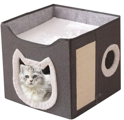 Escondite para gatos | Casa plegable para mascotas | 2 pisos gran casa de invierno cálida casa de invierno escondite | con tabla rascador para gatos, perros, mascotas, interior y exterior