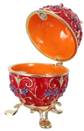 Cabilock Hand Painted Russian Enamel Hinged Trinket Box Decorative Egg Jewelry Organizer with Metal Ring Holder for Easter Home Décor