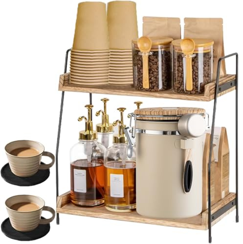 Coffee Station Organizer for Countertop, 2 Tier Coffee Bar Accessories and Organizer with 2 Coaster, Wooden Kitchen Storage & Organisation, Countertop Organisers for Kitchen, Home, Office, Tea, Brown