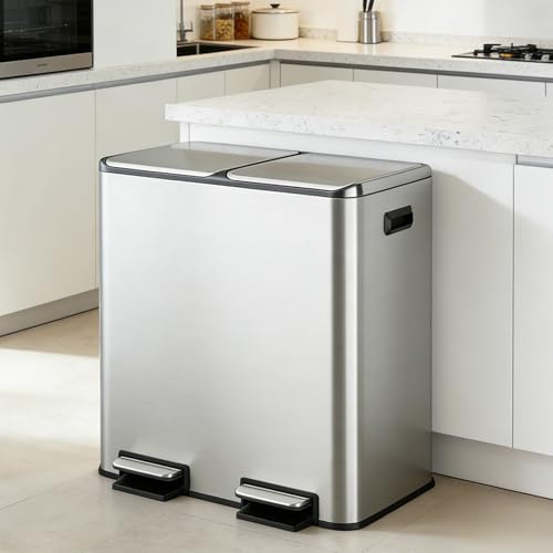 WLIVE 2 x 8 Gallon Dual Compartment Trash Can Stainless Steel, Pet-Proof Double Garbage Can Kitchen with Lid, Inner Buckets and Deodorizing Filter Box, Trash and Recycle Bin Combo, Silver