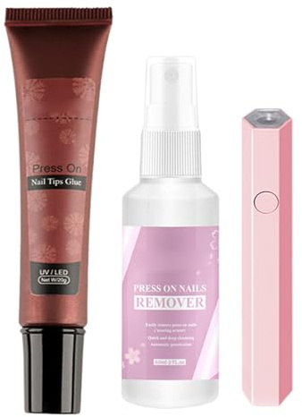 Pegamento de uñas de gel UV de 20 g con espray quitaesmalte de uñas de 60 ml, pegamento de gel duradero para presionar uñas postizas, multifuncional, incluye lámpara de uñas para bricolaje y