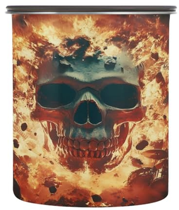 WELLDAY Coffee Canister Flaming Skull Rock Airtight Stainless Steel Coffee Container, 30 OZ Food Storage Container for Coffee Beans, Ground, Sugar, Tea, Flour, Rice