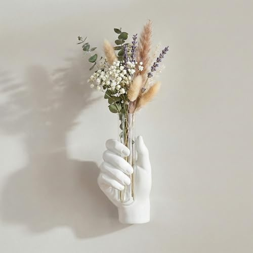 White Wall Art Decor Hand Vase, Unique 3D Wall Sculptures Mount Vases for Flowers, Contemporary Gallery Art Whimsical Home Indoor Outdoor Decor Accent, Dimensional Hand Sculpture, Glass Test Tube