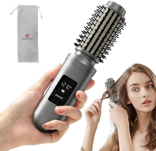 Cordless Hair Straightener Brush, Mini Hair Curling Iron Brush with 3 Temprature Controls, Anti-Scald Rechargeable Hair Curler with LCD Display, Anti-Frizz, Fast Heating for Styling & Travel