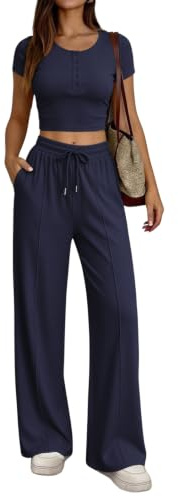 JFAN Conjunto Chándal Mujer 2 Piezas Verano Casual Conjunto Mujer Loungewear Ropa Deportiva Para Cómodo Acanalado Corto Top Pantalone Deportivo con Bolsillos,Azul marino S