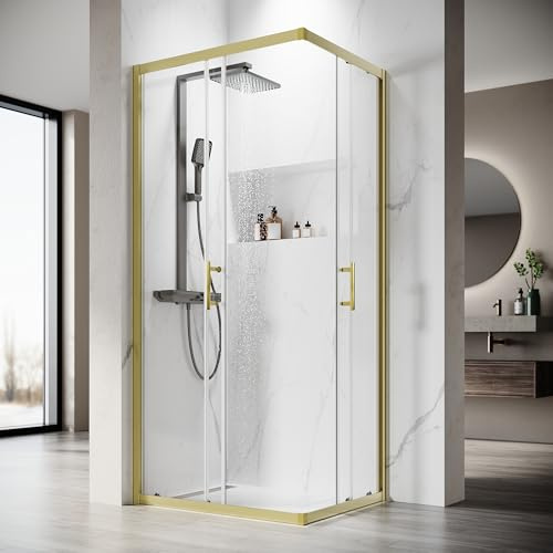 SONNI Eckeinstieg Duschkabine 70x80x195 cm, Schiebetür, 5mm ESG, Gold | 5mm ESG Sicherheitsglas mit leichtlaufender Schiebetür und platzsparendem Eckdesign für komfortable Nutzung,einfache Montage.