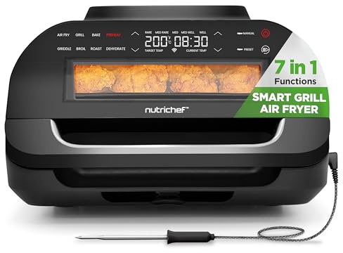 NutriChef Indoor Smokeless Grill - Smart Grill & Air Fryer with 7 Cooking Functions - 6L Capacity - Includes Smart Thermometer - Precise Temperature Control - Non-Stick Removable Grill Plates
