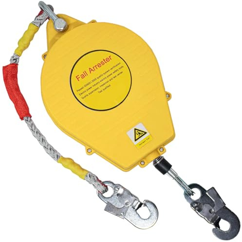 Aocay Imbracatura di Sicurezza Anticaduta Tetto, 150 kg Dispositivo Anticaduta Retrattile Certificato 3-20 mt, Dispositivo Sicurezza Anticaduta Tetto Verde/Giallo Lavoro Aereo(Giallo,5 Metri)
