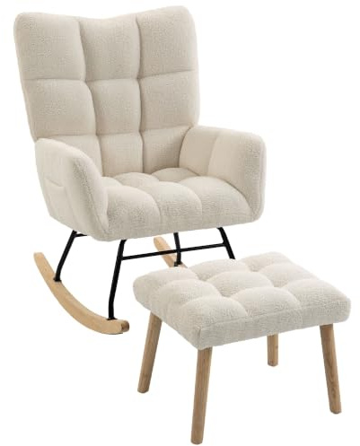 HOMCOM Fauteuil à Bascule avec Repose-Pieds en Tissu Bouclette Crème