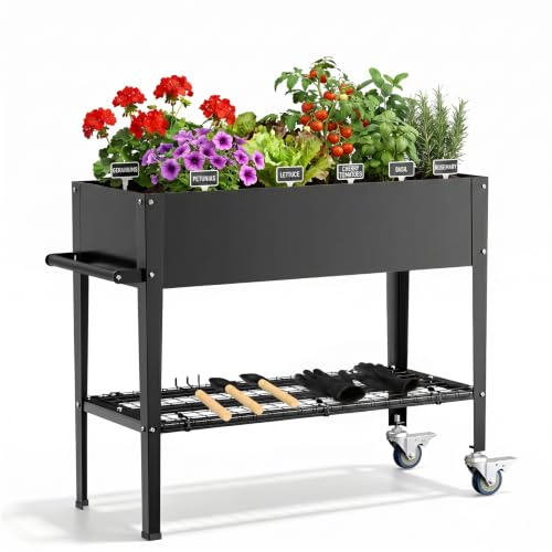 Thalyrnn Aiuola Rialzata in Metallo con Ruote e Ripiano, 111 x 57 x 79 cm | Fioriera da giardino con ruote e ripiano, inserto, fori di drenaggio e attrezzi, per erbe aromatiche, ortaggi e fiori