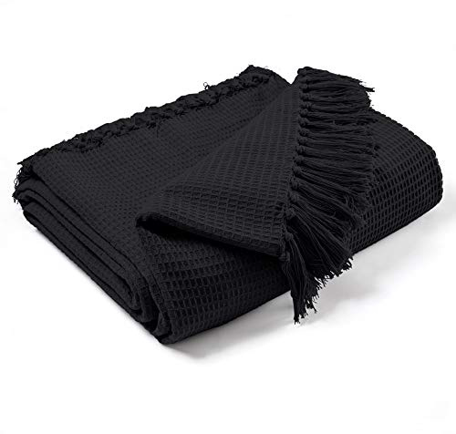 EHC Waffle Cotton Woven King Size Sofa Throw 3 Seater Sofa/Chair/Double Bed, 228 x 254 cm, Black