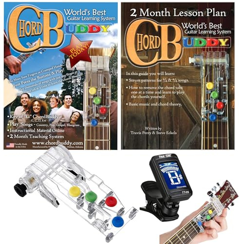 ChordBuddy Gitarren-Lernsystem, Lehrhilfe mit Unterrichtsplan, Songbook & App-Tuner, USA Made Chord Buddy mit True Tune Chromatisches Stimmgerät – Rechtshänder