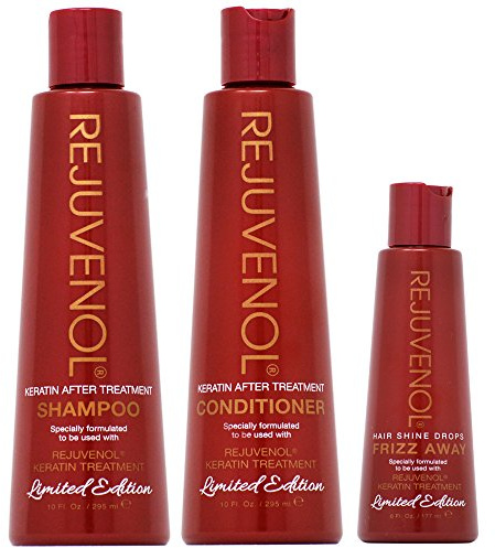 Rejuvenol After Keratin Treatment Shampoo & Conditioner 10oz + Frizz Away Hair Shine Drops Combo