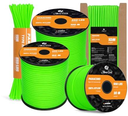 Abma Cord 4mm Paracord 550 Nylon Cuerda (10-15-30-50m) Tipo III 7 Hebras Cuerda de Nailon - MAX. 250 kg - Verde Neón, 30m