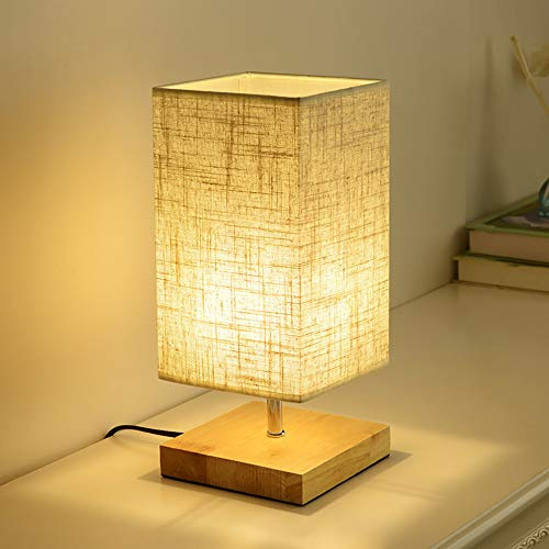 Mengjay Nachttischlampe Holz Vintage E27 Tischlampe Retro für Hotel Kinderzimmer Schlafzimmer Landhaus, Klein Rund Kinder Schreibtischlampe mit Lampenschirm, Ohne LED Glühbirne (A)
