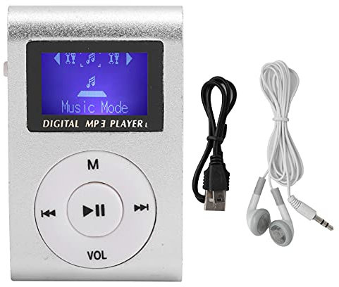 PUSOKEI Mini Set di Lettori Musicali MP3 Portatili in Lega di Alluminio, Scheda di Memoria per Supporto MP3 con Clip Posteriore Sportiva con Display LCD Mini(Argento)
