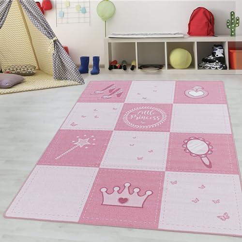 Kinderteppiche für Kinder Little Prinzessin Motiv Mädchen Spielteppich Prinzessin Krone Zauberstab Waschbar Mädchen Teppich für Kinderzimmer Babyzimmer Teppich Farbe: Pink, Grösse: 120 x 170 cm