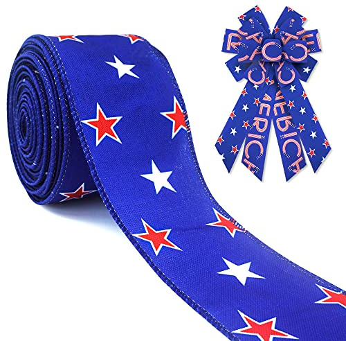 ABTOLS Patriotic Wired Edge Ribbons 2.5 10 Yards, Memorial Day White Red Blue Ribbon Patriotic Star Wrapping Ribbon American Ribbons for 4th of July Party Wrapping DIY Craft Decoration Wreaths Bows