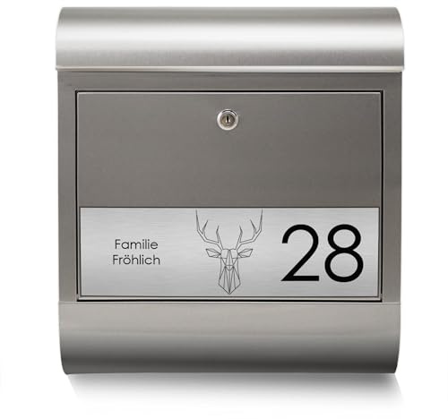 banjado Edelstahl Briefkasten personalisiert mit Namensschild in Silber - Wandbriefkasten aus Edelstahl - Postkasten mit Hausnummer, Namen & Motiv Sternbild Hirsch - Briefkasten mit Zeitungsfach