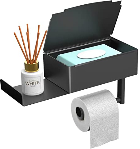 MVKV Toilettenpapierhalter mit Feuchttücherbox, Mattschwarz Klopapierhalter mit Ablage ohne Bohren Edelstahl Klorollenhalter WC Papier Halterung mit Aufbewahrung und Zusätzliches Tablett für Badzimmer