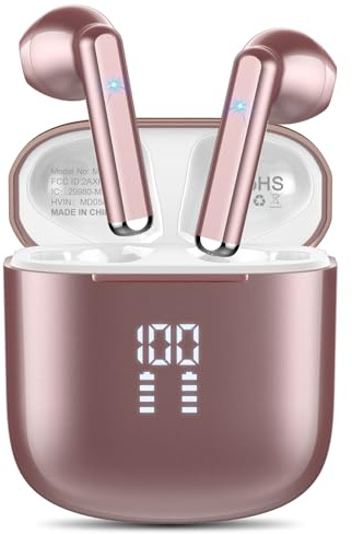 OYIB Wireless Earbuds, 2026 New Bluetooth 5.3 Headphones with HiFi Stereo and ENC Noise Cancelling Mic, 25H Bluetooth Earphones with LED Display and IP7 Waterproof for Workout/Running/Fitness, Rose