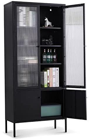Coemo Glasvitrine - Vitrine Tokio Schrank Modern für Küche, Flur und Wohnzimmer Möbel zur Aufbewahrung - Metall Vitrinenschrank in Schwarz Regal mit Türen und Einlegeböden - Hochschrank für Bücher