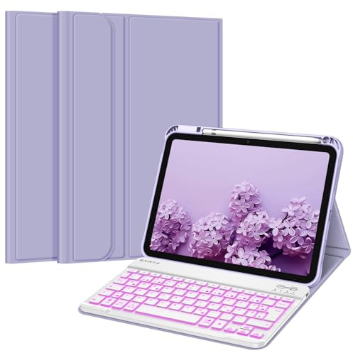 FINTIE Hülle mit Tastatur für iPad A16 11 Generation/10 Gen (11/10.9 Zoll) | 7-farbige Hintergrundbeleuchtung, Magnetisch abnehmbare, deutsche Bluetooth-Tastatur Hülle mit Stifthalter, Violett
