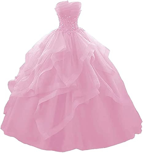 WSEYU Vestido largo de fiesta con volantes, vestido de quinceañera, sin tirantes, encaje de tul, con cuentas, vestido de noche de princesa, rosa, 34