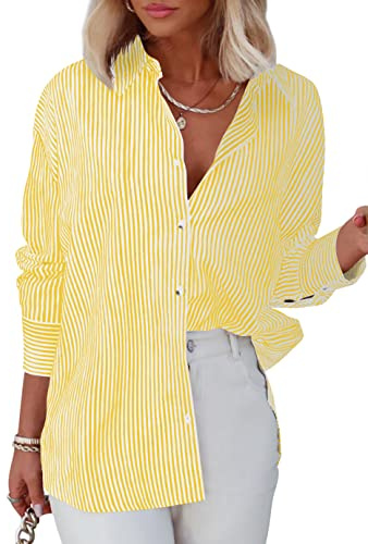 Diosun Womens Striped Button Down Shirts Classic Long Sleeve Stylish Collared Office Work Blouses Tops (Medium, Yellow)