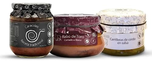 Escargots en sauce 550g (1) + Queue de boeuf mijotée 640g (1) + Joues de porc au vin blanc 440g (1). Recette familiale, maison et artisanale. Conserves gourmandes. 100% fabriqué en Espagne.