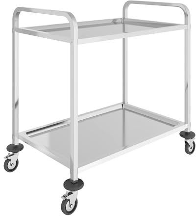 BLV Carrello da servizio in acciaio inox piccolo 2 ripiani, carrello da servizio con ruote e 4 freni per ristorante cucina