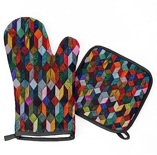 Ofenhandschuhe Topflappen Set Buntes Geometrisches Plaid Ofenhandschuhe Kitchen Weiches Topfhandschuhe Hitzebeständige Grillhandschuhe, Für Grillen, Backen