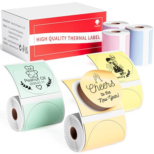 Phomemo 6 Rollen M110 M220 Runde Etiketten Bunte Farben, 50x50mm, 840 PCS | Phomemo Runde Wasserfestes Selbstklebendes Thermo Etiketten für M110/M220/M108/M221, für Schule, Heim, Büro, Bunte Farben