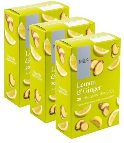 60 x Premium Lemon & Ginger Fruit Infusion Teabags, Sweet Citrus with Warming Ginger & Lemongrass, Caffiene Free - Set of 3 x 20pk